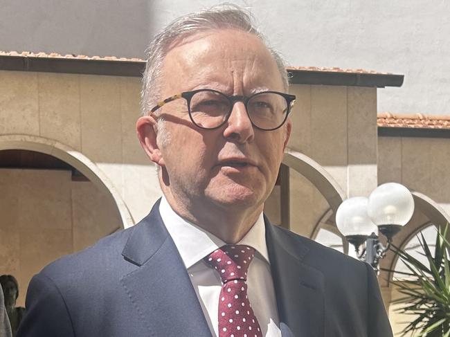 Prime Minister Anthony Albanese speaking in Rome ahead of Pope Leo XIVâs inauguration. Picture: Sophie Elsworth