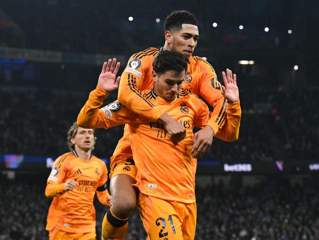 Brahim Diaz celebrates one of Real Madrid’s late goals. Picture: Oli SCARFF / AFP