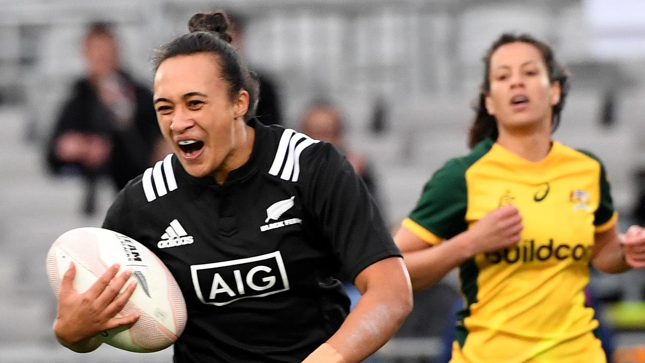 Ruahei Demant of the Black Ferns scoring a try at Eden Park in Auckland.