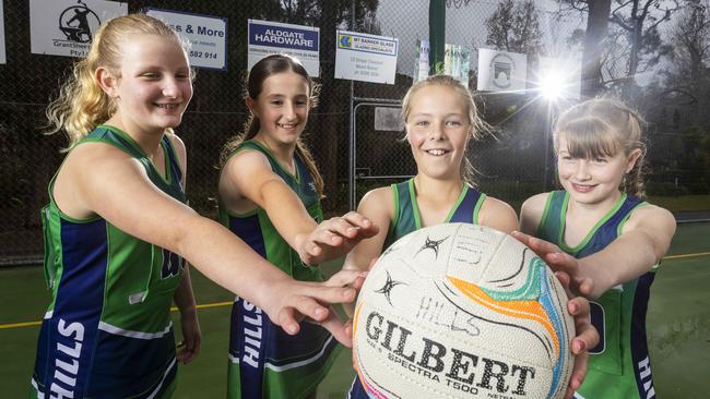 Lily Braddock (second right) said it would be awesome to represent the Hills Netball Association at the Country Championships for the first time. Pictured with fellow under-11 players Zoe McArthur, Lucinda Feutrill and Hannah Adkins. Picture: Kelly Barnes