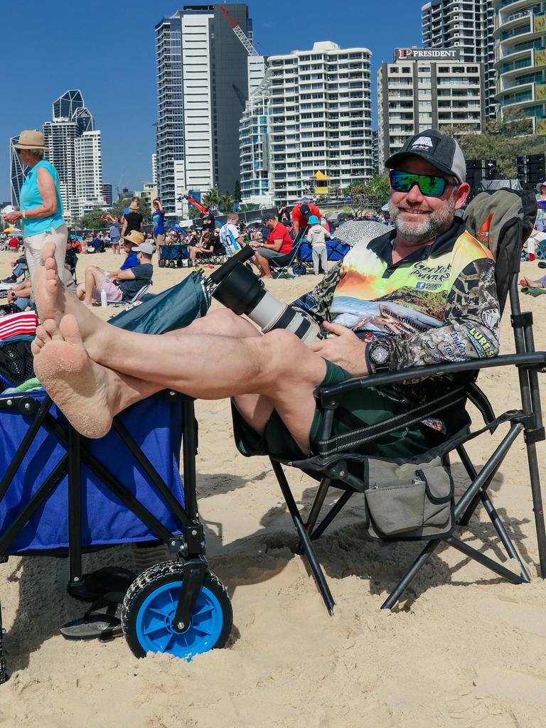 Simon Brusce enjoying the inaugural Pacific Air Show over Surfers Paradise. Picture: Glenn Campbell