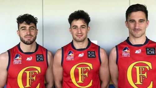 Brothers Nic, James and Tom Schwarz will play together at Flinders Park next season. Nic (South Adelaide) and Tom (North Adelaide) signed at the Adelaide Footy League club after leaving the SANFL. Picture: Flinders Park Football Club