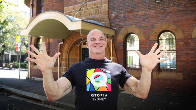 Former rugby league star Ian Roberts at the site of Sydney’s newest museum, Qtopia, in the inner-city suburb of Darlinghurst. Picture: John Feder