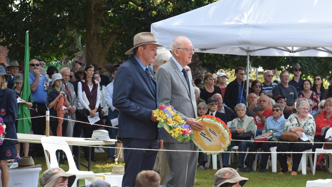 Stephen Bryce and Michael Letts lay wreaths commemorating other major conflicts and New Zealand forces during the ANZAC DAY Ceremony in Elizabeth Ann Brown Park Picture: Nicholas Rupolo.