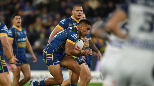 Joe Ofahengau had a sad start to his Eels career, being forced from the field with a calf injury just 10 minutes into his Parramatta debut. Picture: NRL Imagery.