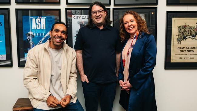 AFL great Eddie Betts, Mushroom Group CEO Matt Gudinksi and Coles chief marketing officer Lisa Ronson announce the supermarket's First Nations Pathways Program is moving into the music industry to support young Indigenous artists. Picture: Supplied