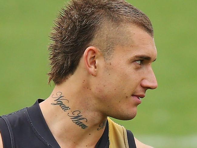MELBOURNE, AUSTRALIA - FEBRUARY 17: Dustin Martin of the Tigers and Trent Cotchin (R) talk during a Richmond Tigers AFL media session at Punt Road Oval on February 17, 2016 in Melbourne, Australia. (Photo by Michael Dodge/Getty Images)
