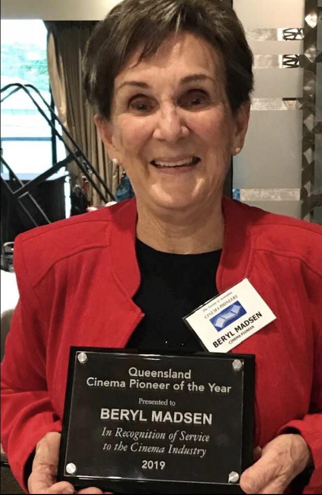 Beryl Madsen with her award in 2019 in recognition of her service to the cinema industry.