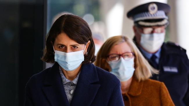 Grim news … Premier Gladys Berejiklian, NSW chief health officer Dr Kerry Chant and NSW Police Deputy Commissioner Gary Worboys today. Picture: NCA NewsWire/ Gaye Gerard