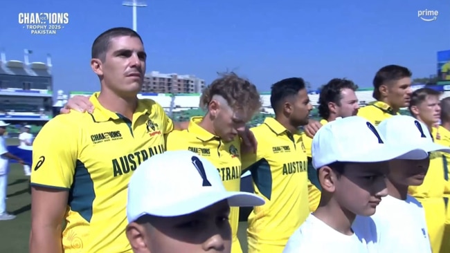 Aussie players lined up for Advance Australia Fair. Photo: Prime Video.