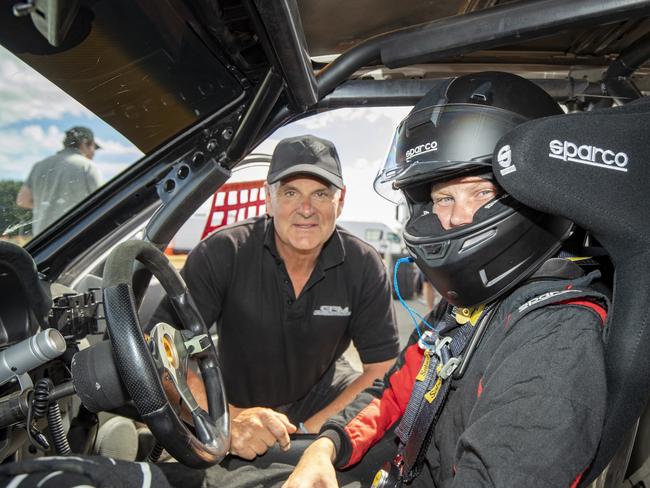 asmanian race driver Greg Crick and his grandson Charlie Park, who is making his mark in motorsport. Picture Angryman Photography