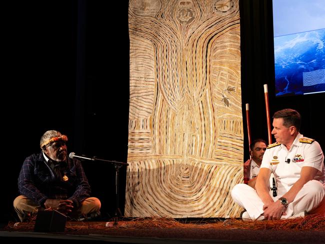 Elder of Madarrpa Clan, Mr Djambawa Marawili, AM, gifts his painting "Spirit of Sea Rights" to the Chief of Navy, Vice Admiral Mark Hammond, AO, RAN, at the Indo-Pacific Sea Power Conference, Sydney, 2023. *** Local Caption *** Indo Pacific 23 conference runs from 7-9 November 2023 and is the largest conference of its kind in the southern hemisphere. The Australian government-initiated conference draws together naval and maritime security experts from across the world. This years conference will explore the theme Fleet 2035: Sea Power and the Future of Maritime Warfare; to encourage critical thinking about the role of sea power now and into the future.