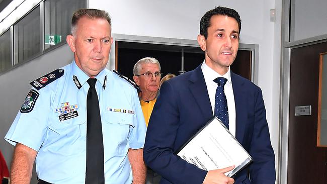 Deputy Commissioner Shane Chelepy and Premier of Queensland David Crisafulli at the Kedron emergency services complex on Sunday. Picture: John Gass