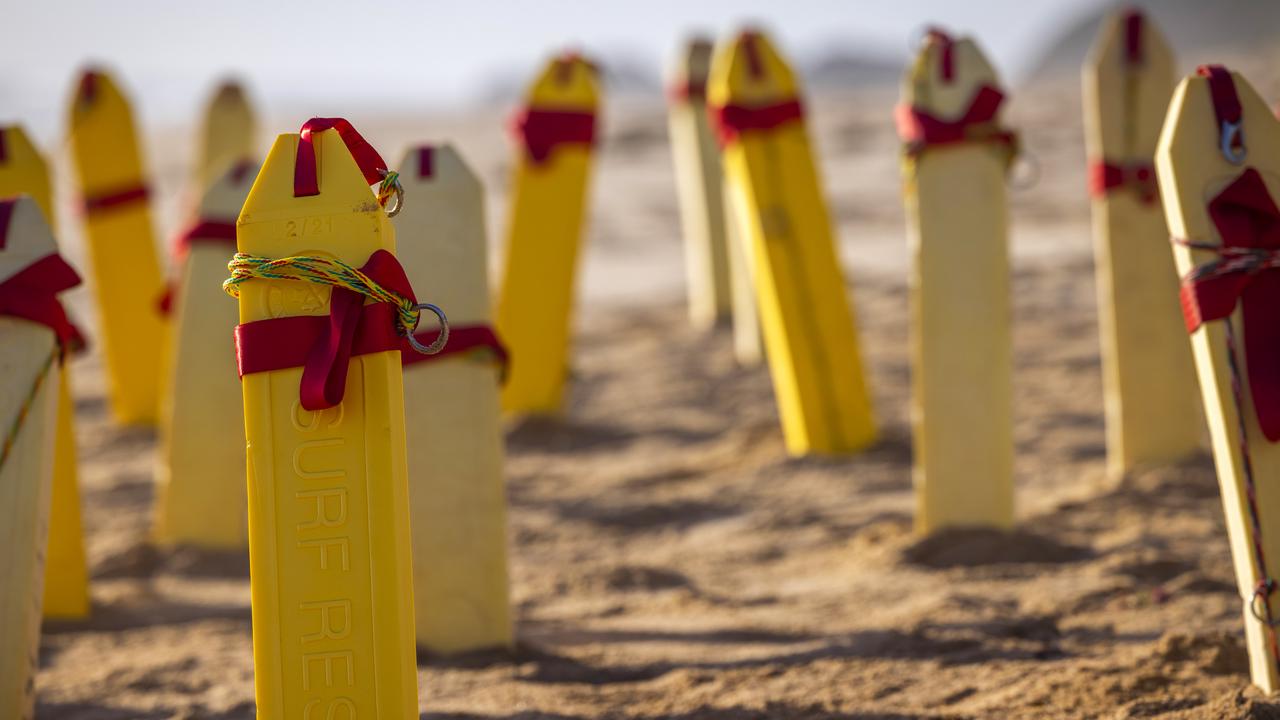 61 memorial rescue tubes were placed on Sandridge beach to mark the occasion. Picture: Supplied