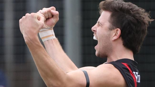 Clayton Gay from West Adelaide celebrates a goal during the Round 14 SANFL match between West Adelaide and Central Districts at Richmond Oval in Adelaide, Saturday, July 9, 2022. (SANFL Image/David Mariuz)