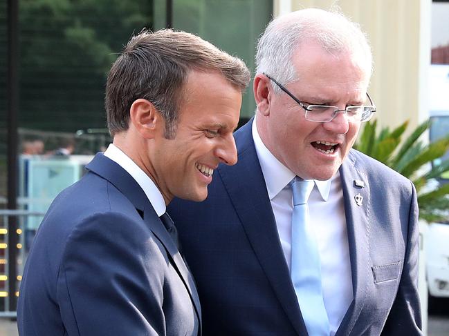 Prime Minister Scott Morrison talks with French President Emmanuel Macron at the G7 Summit in Biarritz, France on Monday, August 26, 2019. Picture: Adam Taylor/PMO
