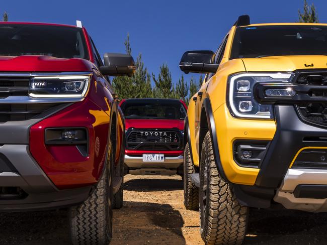 2023 Toyota HiLux GR, Ford Ranger Wildtrak X, Volkswagen Amarok PanAmericana comparison test. Photo: Mark Bean