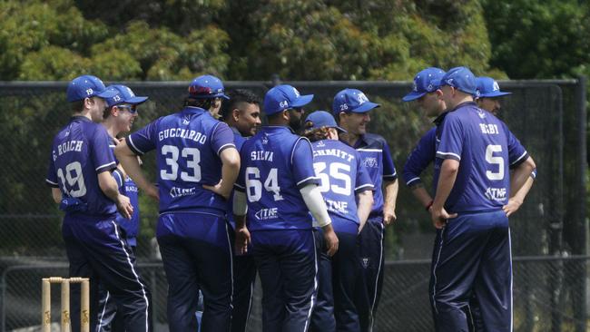 VSDCA cricket played at Warrawee Park Oval: Mt Waverley v Oakleigh. Mt Waverley players celebrate a wicket.  Picture: Valeriu Campan