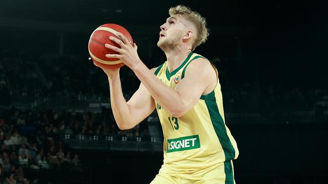 MELBOURNE, AUSTRALIA – AUGUST 17: Jock Landale of Australia drives to the basket during the match between the Australian Boomers and South Sudan at Rod Laver Arena on August 17, 2023 in Melbourne, Australia. (Photo by Kelly Defina/Getty Images)