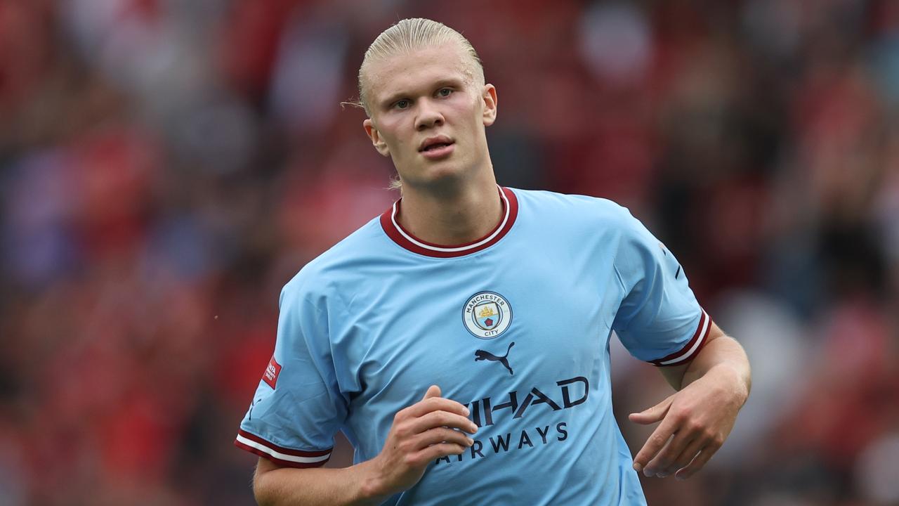 LEICESTER, ENGLAND – JULY 30: Erling Haaland of Manchester City during the The FA Community Shield at The King Power Stadium on July 30, 2022 in Leicester, England. (Photo by Marc Atkins/Getty Images)