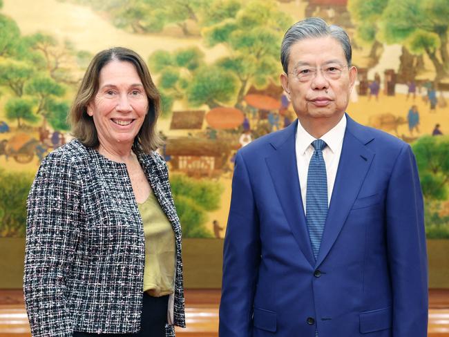 (241014) -- BEIJING, Oct. 14, 2024 (Xinhua) -- Zhao Leji, chairman of the National People's Congress Standing Committee, holds talks with President of the Australian Senate Sue Lines at the Great Hall of the People in Beijing, capital of China, Oct. 14, 2024. (Xinhua/Yao Dawei) (Photo by YAO DAWEI / XINHUA / Xinhua via AFP)