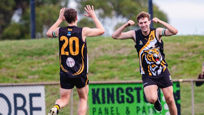 Zach Adams and Tyler Carter of Kingborough Tigers celebrate a goal during the TSL match between Kingborough Tigers and Lauderdale at Twin Ovals. Saturday, May 14, 2022. Photo: Anthony Corke