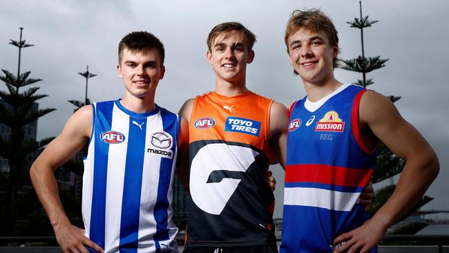 MELBOURNE, AUSTRALIA - NOVEMBER 21: (L-R) Colby McKercher of the Kangaroos, James Leake of the Giants and Ryley Sanders of the Giants pose during the AFL Draft Media Opportunity at Marvel Stadium on November 21, 2023 in Melbourne, Australia. (Photo by Michael Willson/AFL Photos via Getty Images)