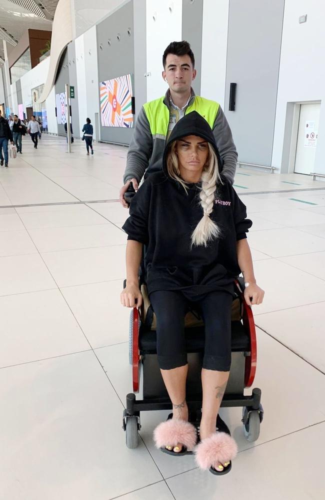 She was later spotted being wheeled through a Turkish airport on her way home to England. Picture: Backgrid