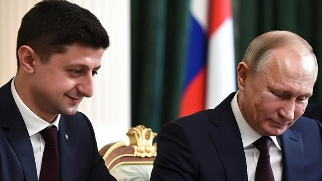 Fake AI images of Volodymyr Zelensky and Vladimir Putin signing a peace deal. Picture: Twitter.