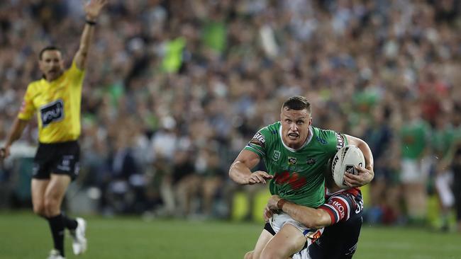 SYDNEY, AUSTRALIA - OCTOBER 06: Jack Wighton of the Raiders is tackled as Referee Gerard Sutton signals last tackle during the 2019 NRL Grand Final match between the Canberra Raiders and the Sydney Roosters at ANZ Stadium on October 06, 2019 in Sydney, Australia. (Photo by Ryan Pierse/Getty Images)