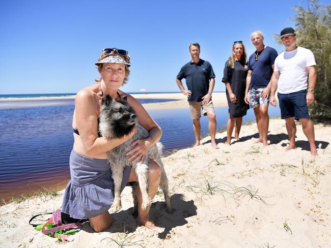 Nearly 2000 people have now signed a petition demanding Noosa Council take real action to stop its own stormwater run-off eroding and contaminating local dunes, beaches and waterways. Pictured are Penny Robertson, Pat Rogers, Christian and Gabriel Cerasani and Andrew McKenna. Picture: Patrick Woods.