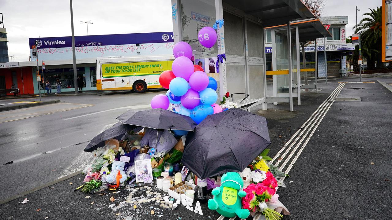 Tributes were laid for the 16-year-old victim at Station Place. Picture: NCA NewsWire /Luis Enrique Ascui