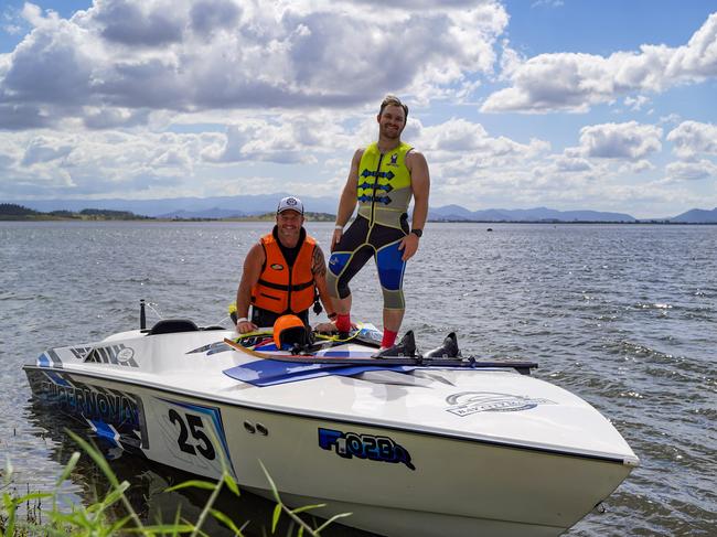 Supernova team members Nathan Nunga and Ben Clark just before hitting the water at speeds clocking 160kmh at the inaugural Race 2 Rescue at Kinchant Dam. Picture: Heidi Petith