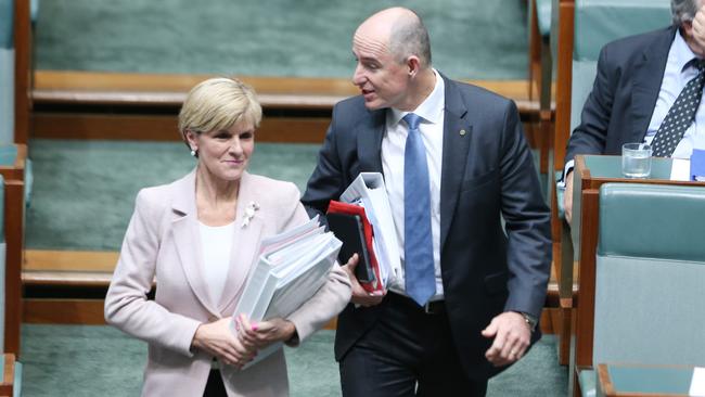 Deputy Leader of the Liberal Party Julie Bishop with Stuart Robert, during Question Time in the House of Representatives. Pic: Gary Ramage