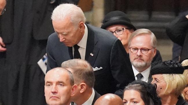 LONDON, ENGLAND - SEPTEMBER 19: US President Joe Biden takes his seats with other heads of state and dignitaries at the State Funeral of Queen Elizabeth II, held at Westminster Abbey, on September 19, 2022 in London, England.  Elizabeth Alexandra Mary Windsor was born in Bruton Street, Mayfair, London on 21 April 1926. She married Prince Philip in 1947 and ascended the throne of the United Kingdom and Commonwealth on 6 February 1952 after the death of her Father, King George VI. Queen Elizabeth II died at Balmoral Castle in Scotland on September 8, 2022, and is succeeded by her eldest son, King Charles III. (Photo by Dominic Lipinski - WPA Pool/Getty Images)