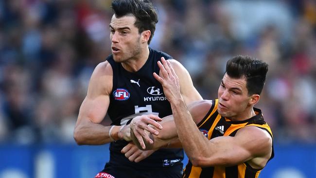 Plowman collided with O’Meara during last weekend’s clash at the MCG. Picture: Getty Images