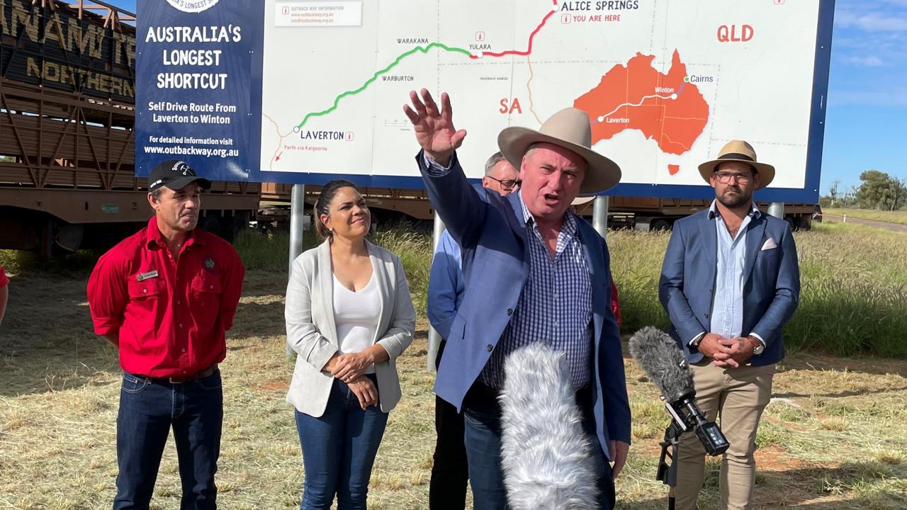 Deputy Prime Minister Barnaby Joyce announcing new roads funding in Central Australia. Picture: Lee Robinson.