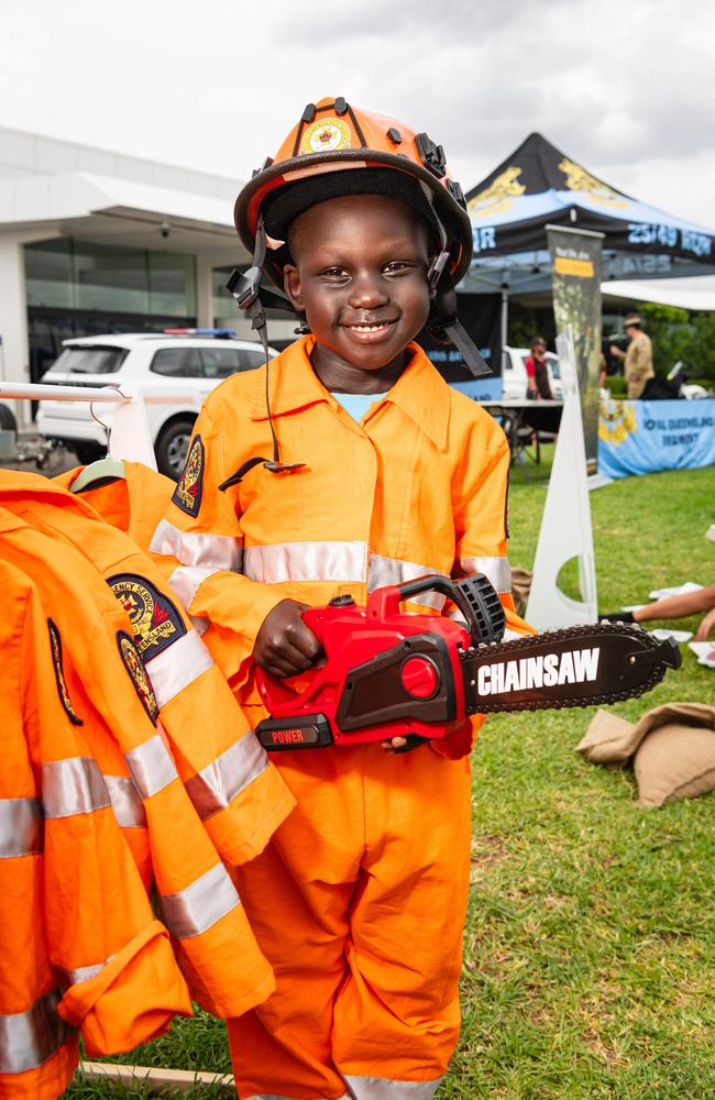 Elizah Manylok dressed for SES work at the Wellcamp Airport 10th anniversary community day, Sunday, November 10, 2024. Picture: Kevin Farmer