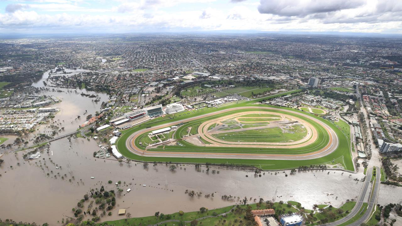 Aerial photo of flood waters near Maribyrnong River in the Flemington area. Picture: David Caird