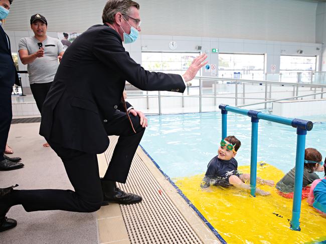 The Ashfield Aquatic Centre, visited last month by Premier Dominic Perrottet is one of several facilities where they will be free in the inner west. Picture: NCA NewsWire/Adam Yip