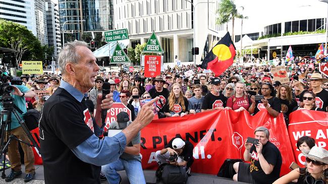 Conservationist and former Greens leader Bob Brown addresses protesters outside the Adani Headquarters in Brisbane. Picture: AAP Image/Dave Hunt