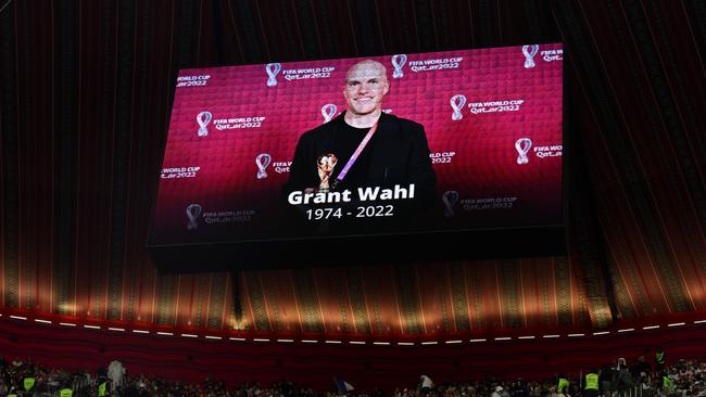 The LED board shows a photo of Grant Wahl before the World Cup quarter-final match between England and France at Al Bayt Stadium. Picture: Julian Finney/Getty Images