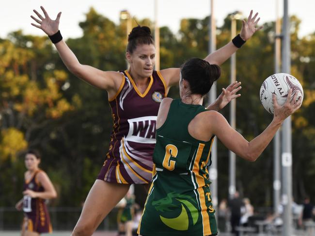 Tracy Village Falcons player Lauren O'Shea plays a hard defence against Pints centre Mardi Jenner. Picture: Ivan Rachman.