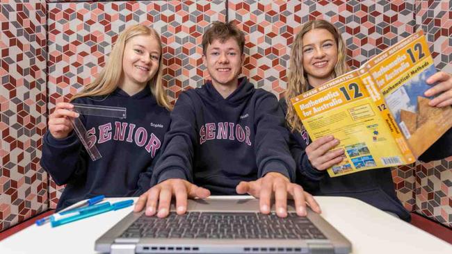 Year 12 triplets Sophia, Noah,and Zoe Stanbridge at Heathfield High School's study booth for Year 12s. Picture: Ben Clark