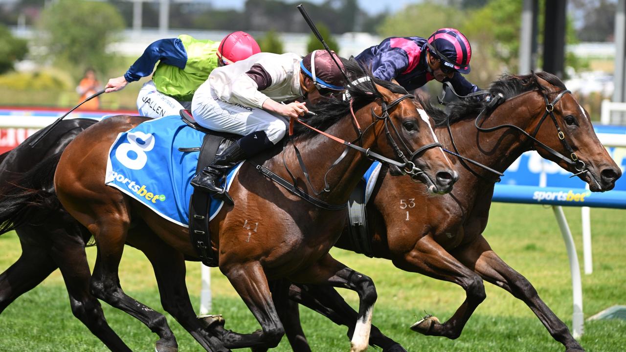 Kingofwallstreet makes a late lunge to win the Caulfield Classic. Picture: Vince Caligiuri/Getty Images