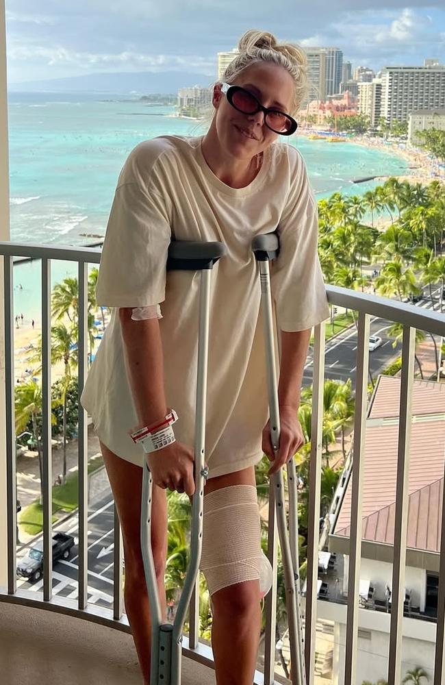 Australian big wave surfer Laura Enever after she suffered a major leg injury at Eddie Aikau Invitational in Hawaii in December 2024. Picture: Instagram