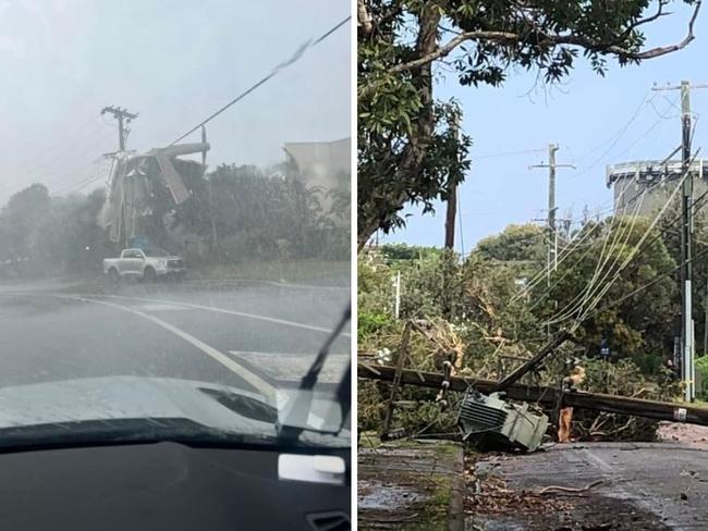 Residents of the NSW Central Coast have shared images of the carnage left after a "microburst" tore rooves from buildings, uprooted trees, and downed power poles. Picture: Facebook