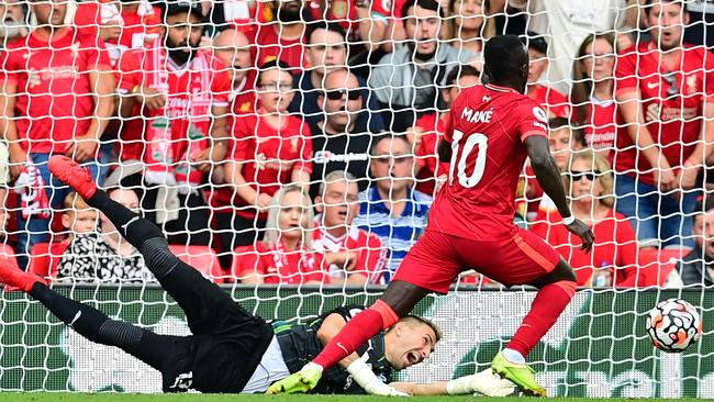 Striker Sadio Mane scores his 100th goal for Liverpool, against Crystal Palace