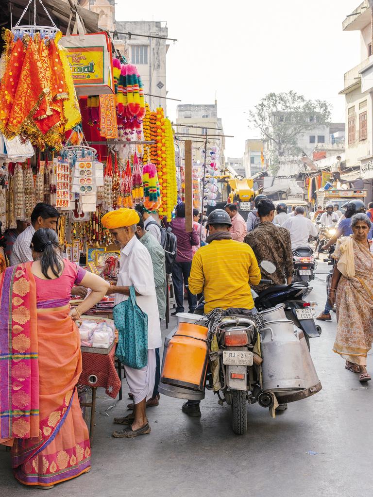 A market in Udaipur with Diwali decorations.