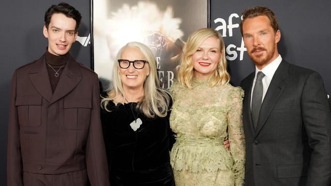 Benedict Cumberbatch with his The Power Of the Dog director Jane Campion and co-stars Kodi Smit-McPhee and Kirsten Dunst. Picture: Presley Ann/Getty Images for Netflix